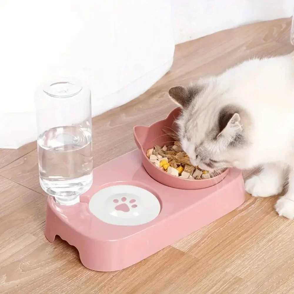 {NEW} Cat Double Bowls With Automatic Water Dispenser Pink